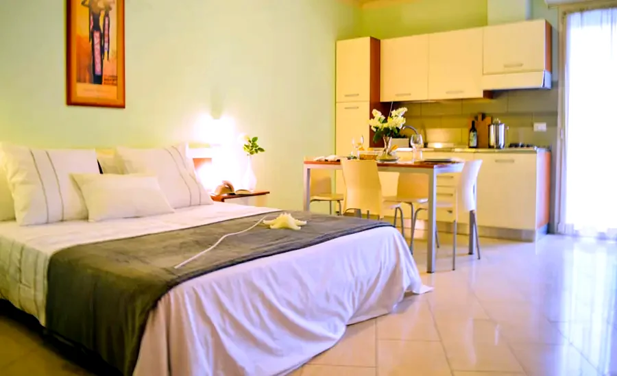 Ambiente monolocale con letto matrimoniale e angolo cottura